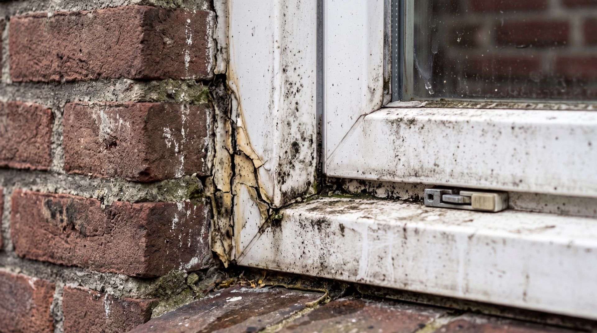 Vervuild kozijn met oude verweerde kitafdichting