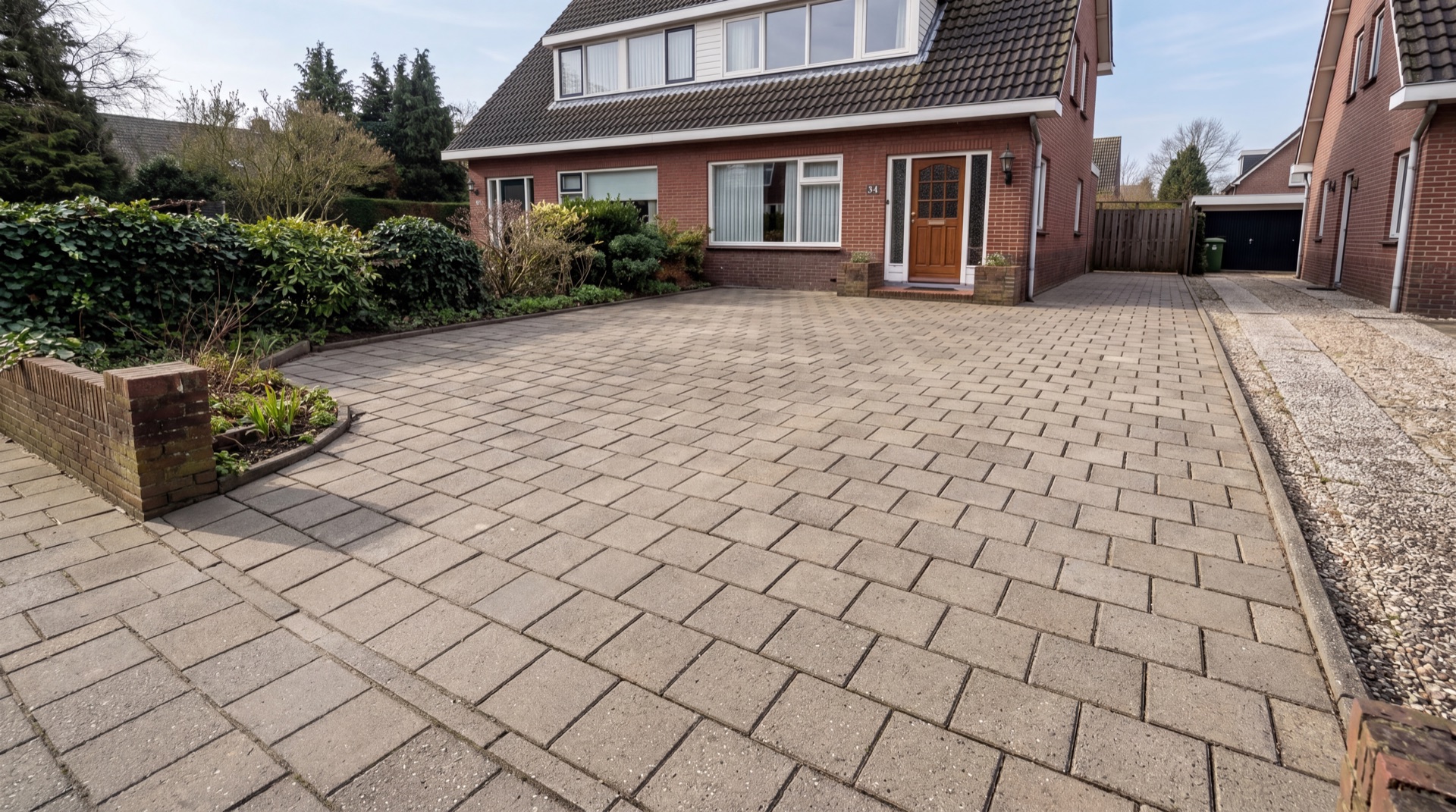 Dezelfde oprit na hogedruk reiniging, schoon en als nieuw