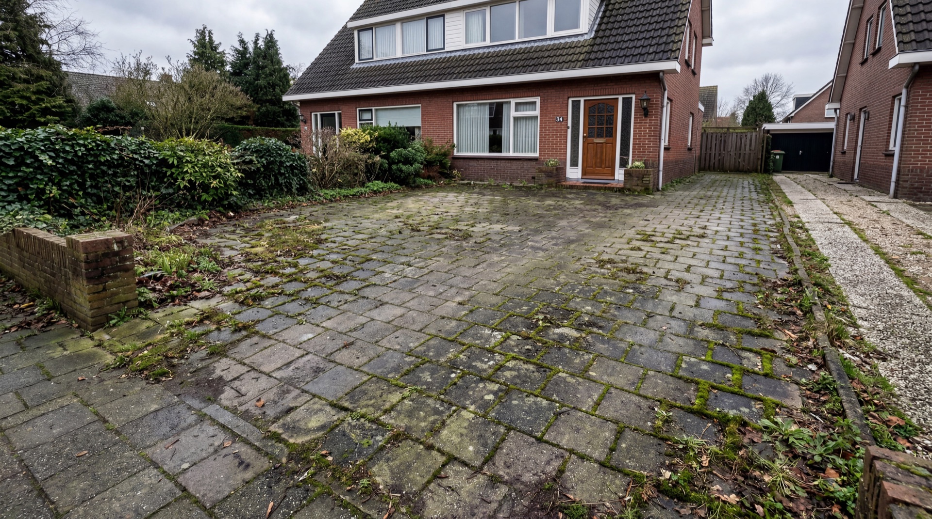 Oprit met groene aanslag en mos voor professionele reiniging