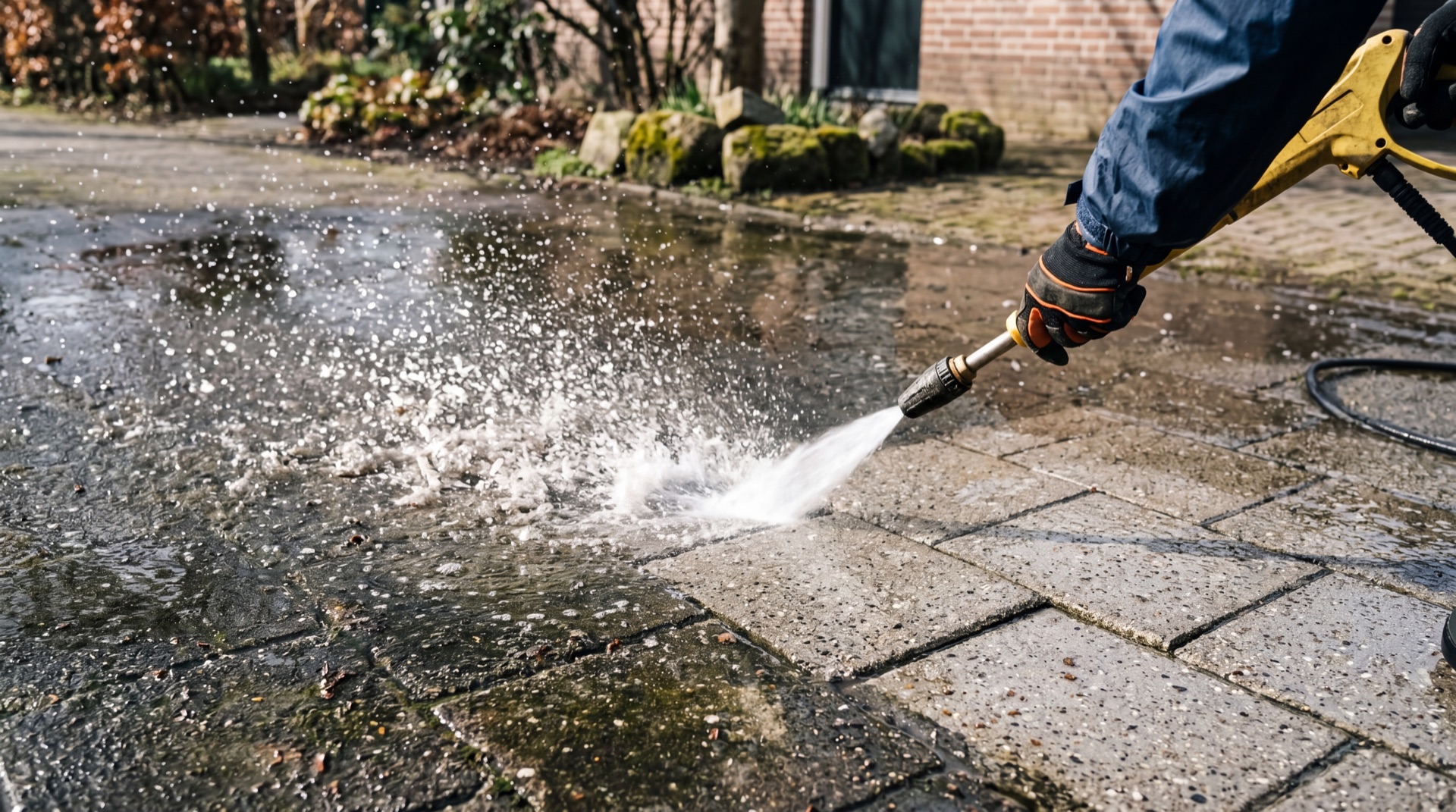 Vakman aan het werk met professionele hogedrukreiniger op oprit