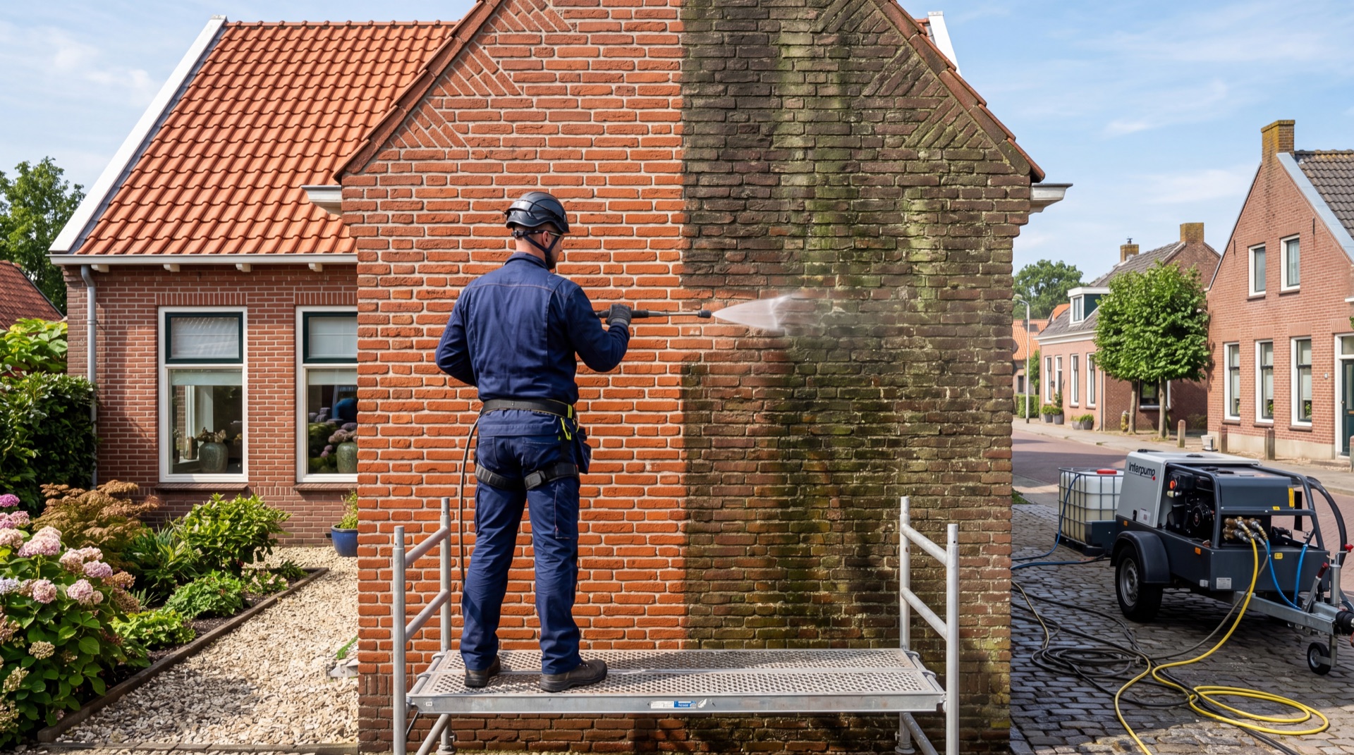 Vakman reinigt Nederlandse bakstenen gevel met professionele apparatuur